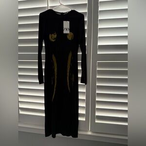 Zara Long Sleeve Black Dress with Gold Accents